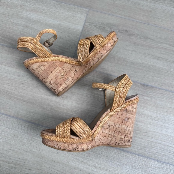 Stuart WEITZMAN minx wedge sandal in camel woven leather beige gold size 8 - Picture 3 of 11